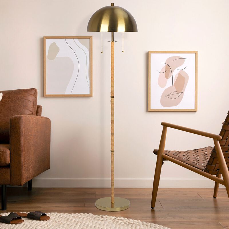 ELEMENT ACE Stylish Two-Light Floor Lamp with Natural Rattan Accents and Elegant Brass Finish for Modern Home Decor image number 2