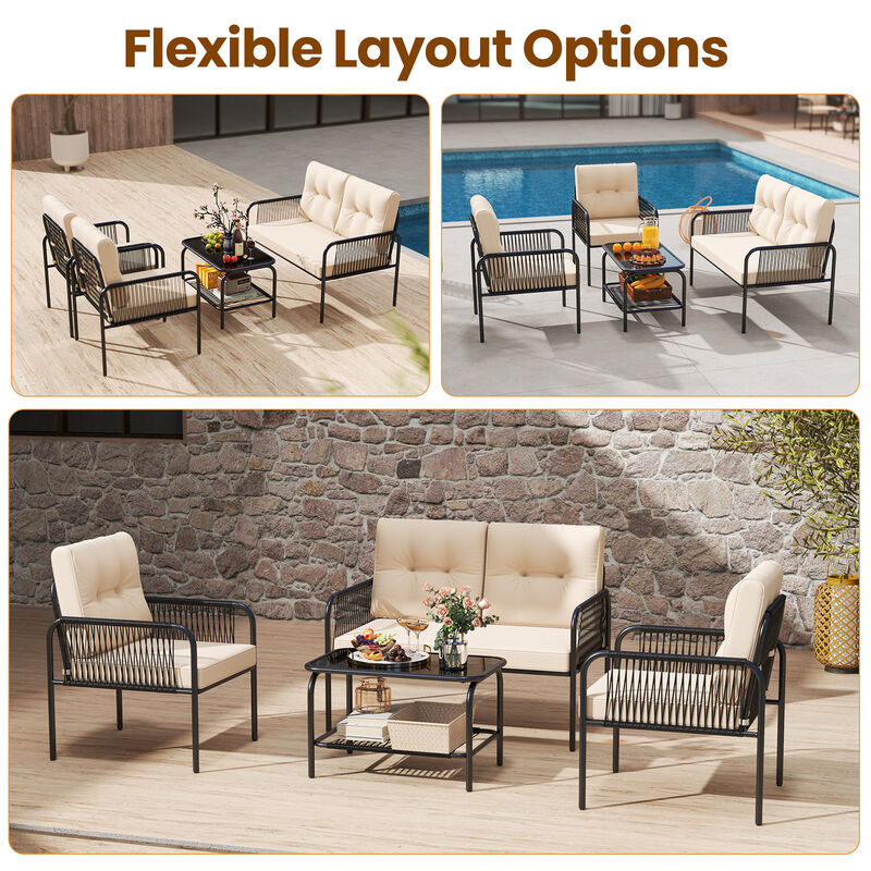 Patio Conversation Set &ndash; 4-Piece PE Wicker Sofa Set with Cushions and Table