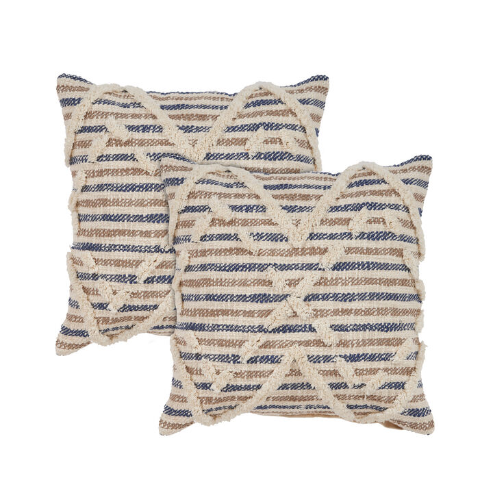 HomeRoots Set of Two Blue Diamond Cotton Throw Pillow With Fringe