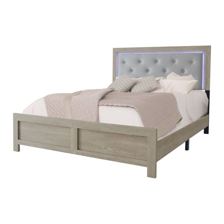 Ancy King Size Bed, Tufted and Upholstered Headboard, Light Gray Finish - Benzara