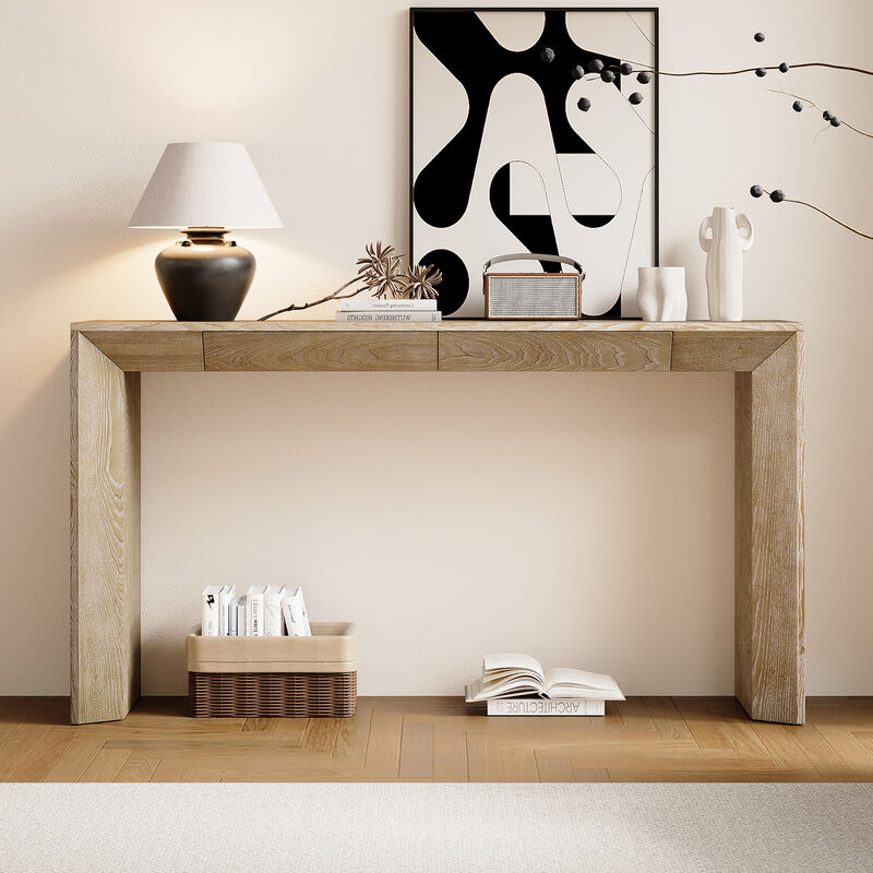Whisen 60" Modern Farmhouse Console Table with 2 Concealed Drawers, MDF Solid Wood Veneer, Waterfall Edge for Living Room Entryway Hallway image number 4