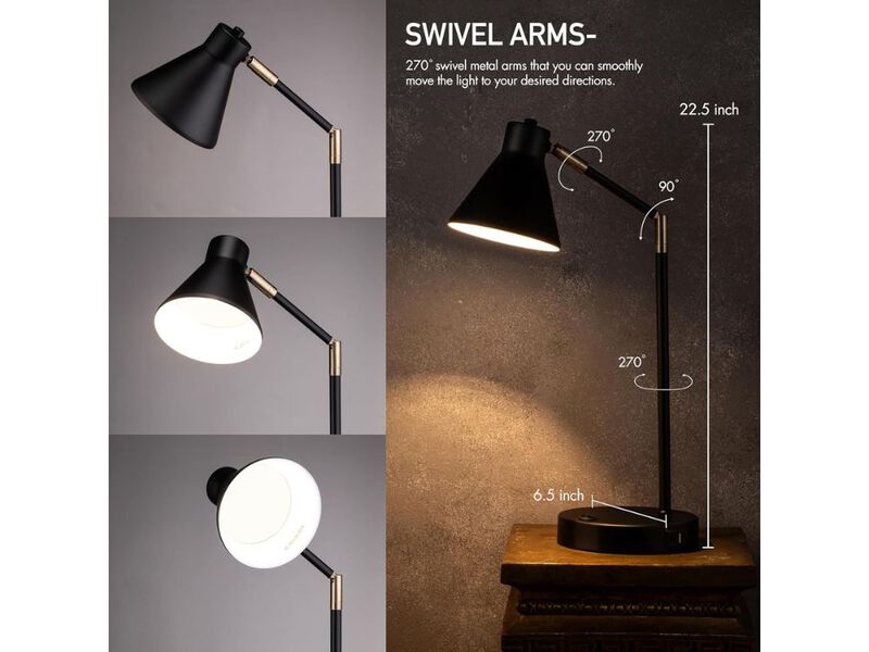 LED Desk Lamp with Dual USB Ports Metal Swivel Arm Table Lamp Black image number 2