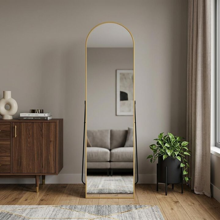 HomeRoots 56" Gold Aluminum Arch Freestanding And Wall Mounted Framed Full Length Mirror