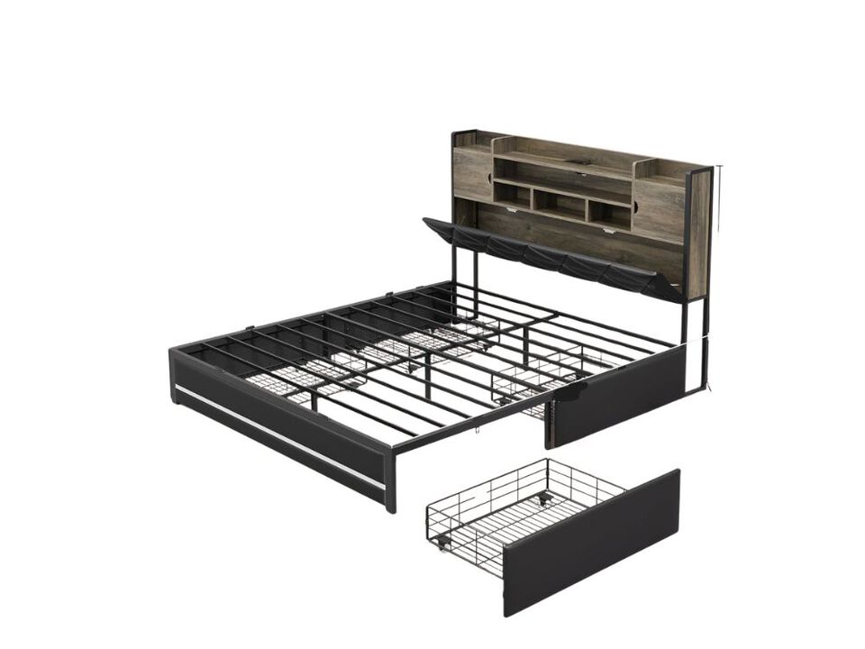 Queen Storage Bed Frame &ndash; PU Leather Platform with LED Headboard, 4 Drawers & Charging Ports