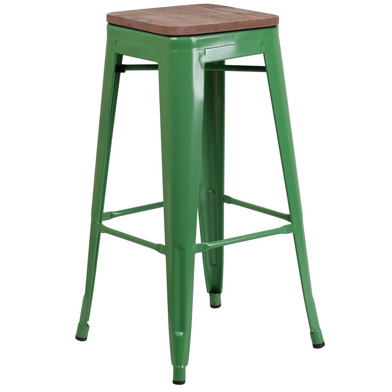 Flash Furniture Lily 30" High Backless Green Metal Barstool with Square Wood Seat image number 0