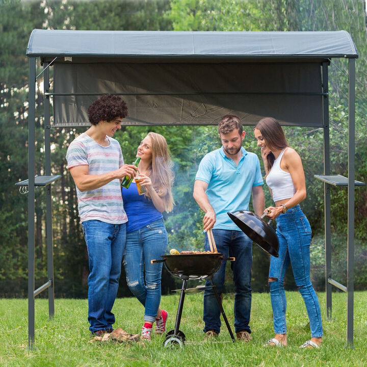 7FT Grill Gazebo BBQ Canopy with Sun Shade Panel Side Awning, 2 Exterior Serving Shelves, 5 Hooks for Patio Lawn Backyard