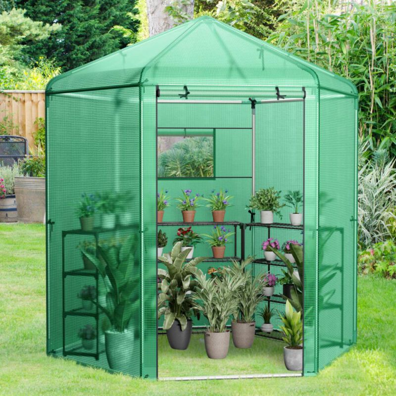 Hivvago Walk-In Hexagonal Greenhouse with PE Cover and Metal Frame