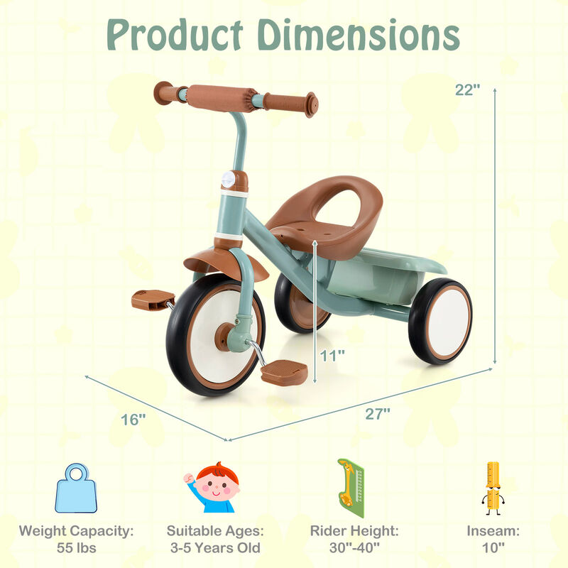 Toddler 3-Wheel Tricycle with Adjustable Seat and Storage Basket for Kids image number 2