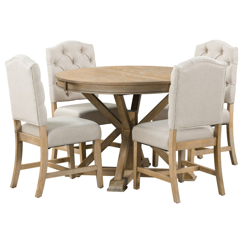 Whisen Retro Style Dining Table Set with Extendable Table and 4 Upholstered Chairs - Off-white