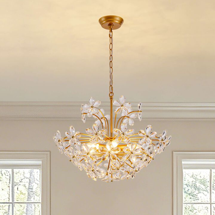 Rosa Modern 6-Light Daisy Glam Clear Crystals Large Size Chandelier - Medium‑gloss Brushed Brass Finish