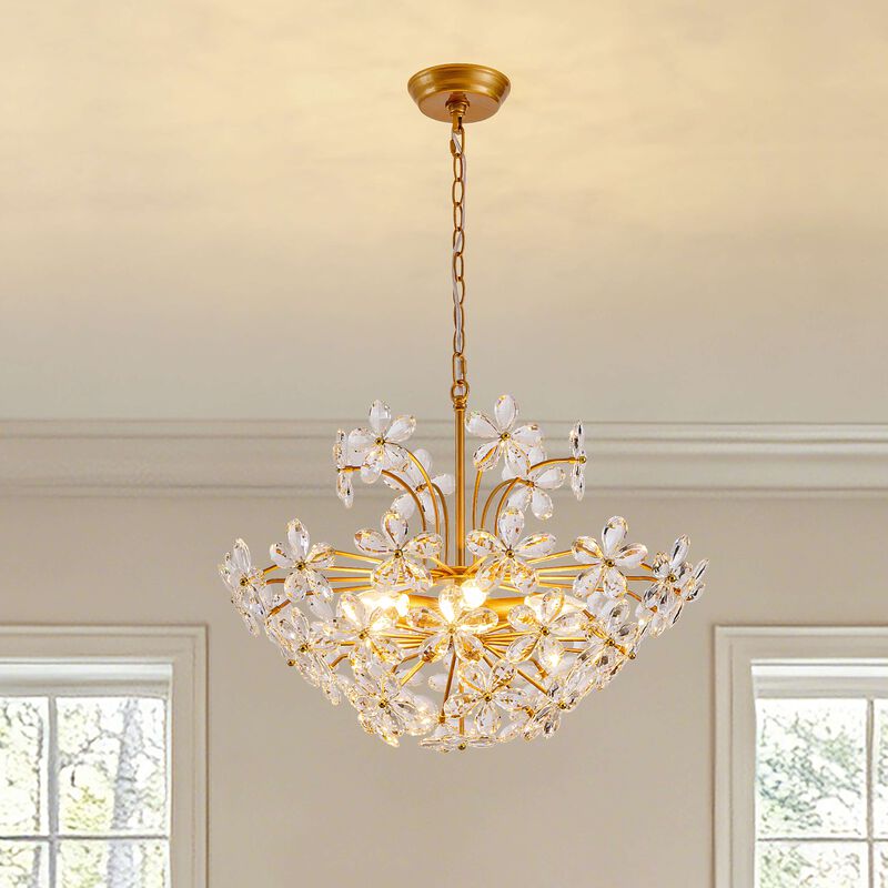 Rosa Modern 6-Light Daisy Glam Clear Crystals Large Size Chandelier - Medium‑gloss Brushed Brass Finish image number 1