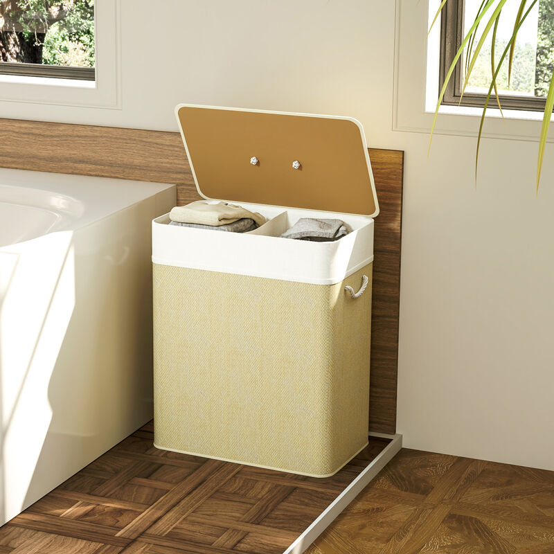 Hivvago Double Compartment Bamboo Laundry Basket with Liner image number 7