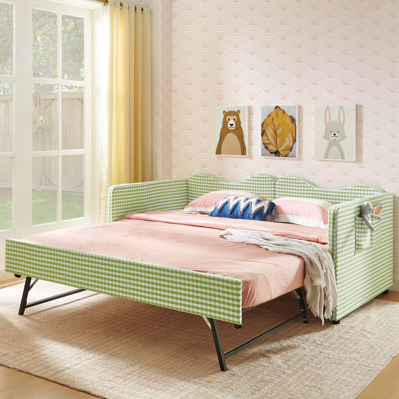 Merax Gingham Daybed with Trundle & Guardrails &ndash; Solid Wood Frame, Side Storage Pocket image number 1