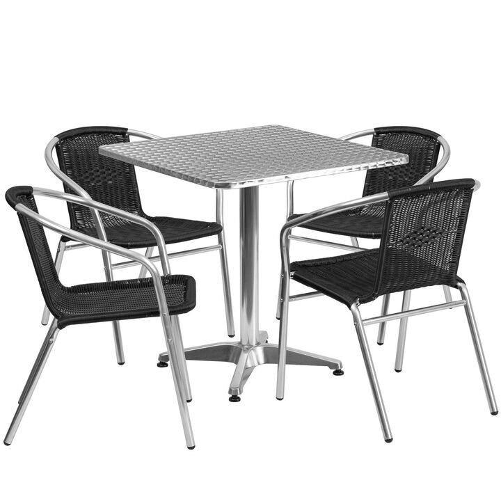 Flash Furniture Lila 27.5'' Square Aluminum Indoor-Outdoor Table Set with 4 Black Rattan Chairs