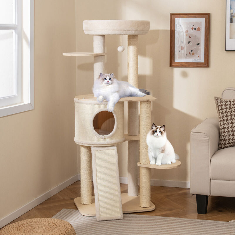 Cat Tree Tall Tower with 2 Sisal Scratching Posts and Ladder-Natural image number 1