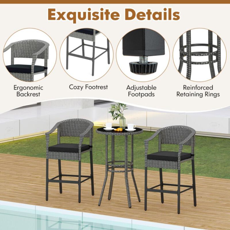 Hivvago 3-Piece Patio Rattan Bar Set with Tempered Glass Top for Backyard Poolside