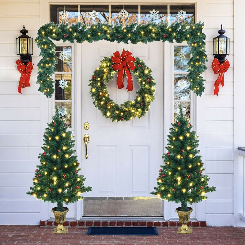 4 Pieces Christmas Decoration Set with Garland Wreath and Entrance Trees image number 5