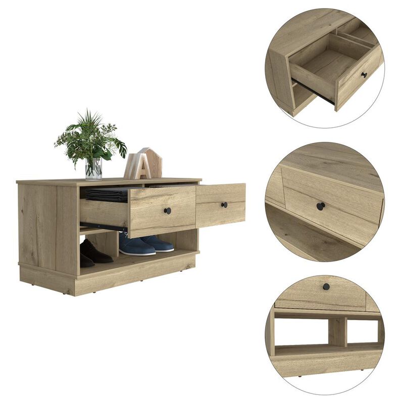 DEPOT E-SHOP Uranus Storage Bench-Two Drawers, Two Open Shelves- Light Oak, For Bedroom