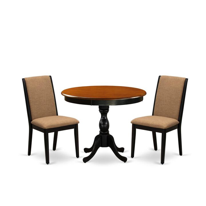East West Furniture 3-Pc Dining Room Table Set Consists of a Dining Table and 2 Light Sable Linen Fabric Parsons Chairs with High Back - Black Finish