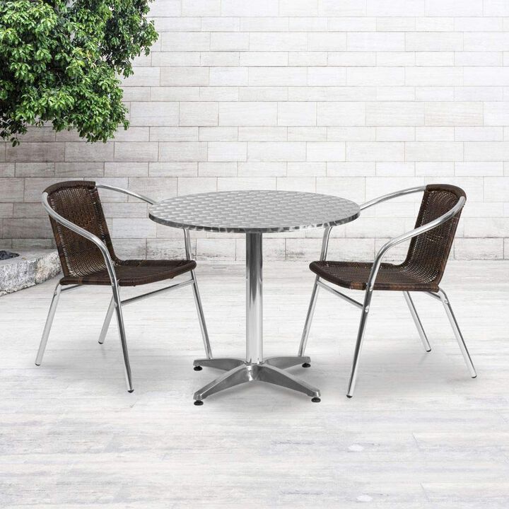 Flash Furniture Lila 31.5'' Round Aluminum Indoor-Outdoor Table Set with 2 Dark Brown Rattan Chairs