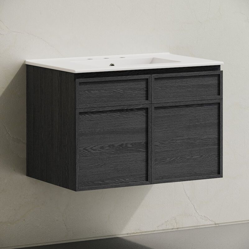 30" Wall-Mounted Bathroom Vanity in Black Oak with 3-Hole Widespread Sink Top image number 1