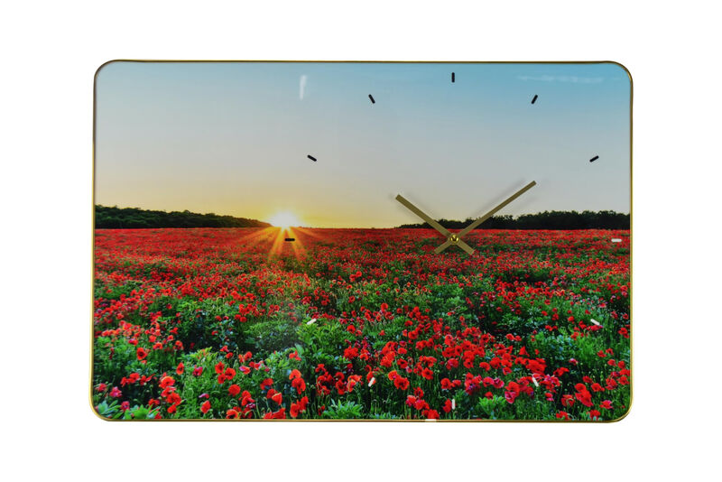 HomeRoots 24" Red Blue And Gold Solid Wood and Acrylic Silent Poppies Floral Wall Clock image number 0