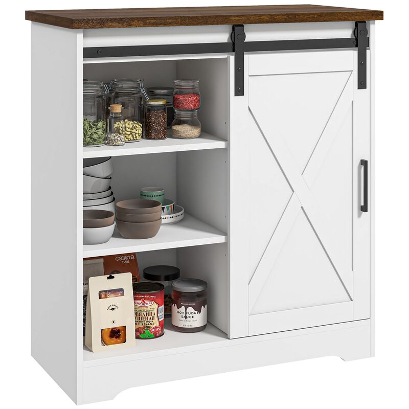 White Coffee Bar Cabinet: Sliding Barn Door, Adjustable Shelf