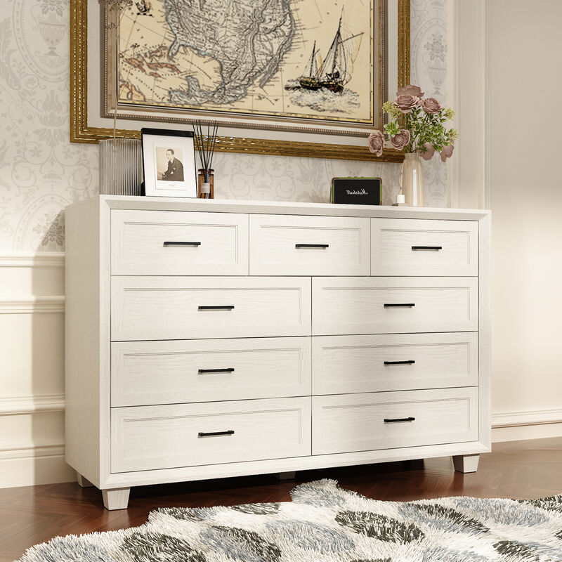 FUFU&GAGA White Wood Grain Storage Cabinet with Beveled Edge & Thickened Design, 9-Drawer Organizer, for Living Room , 60 in. W x 20.1 in. D x 39.8 in. H