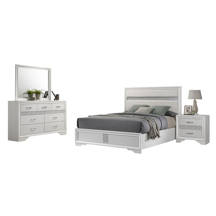 Vino 4pc Twin Bedroom Set, White Upholstery, Glitter Striped Dresser