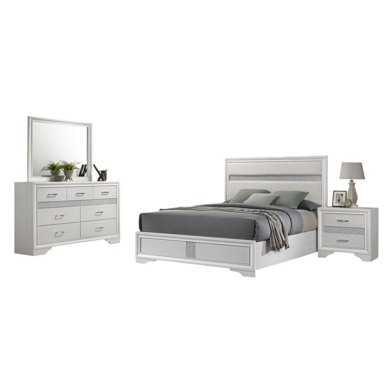 Vino 4pc Twin Bedroom Set, White Upholstery, Glitter Striped Dresser image number 0
