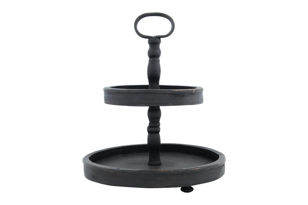Distressed Blackwashed Wood 2-Tier Tray with Metal Handle