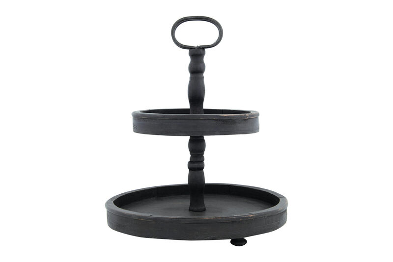 Distressed Blackwashed Wood 2-Tier Tray with Metal Handle image number 0