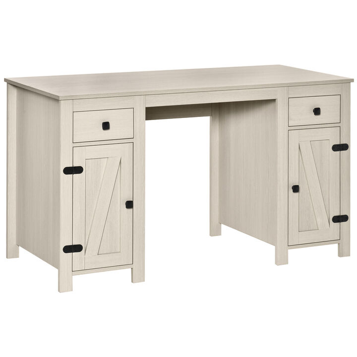 HOMCOM Farmhouse Computer Desk with Storage, Home Office Desk with 2 Drawers and 2 Cabinets, Cream White