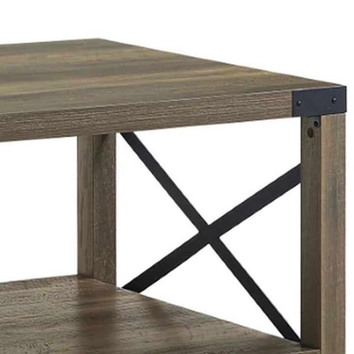 Eli 47 Inch Wood Coffee Table, Metal Brackets, Cross Bars, Rustic Oak Brown-Benzara