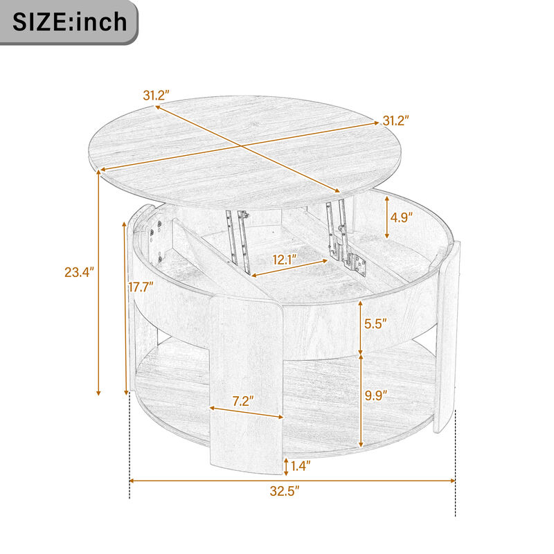 Merax Round Lift-Top Coffee Table with Hidden Storage & Bottom Shelf &ndash; Wood Grain Finish image number 3