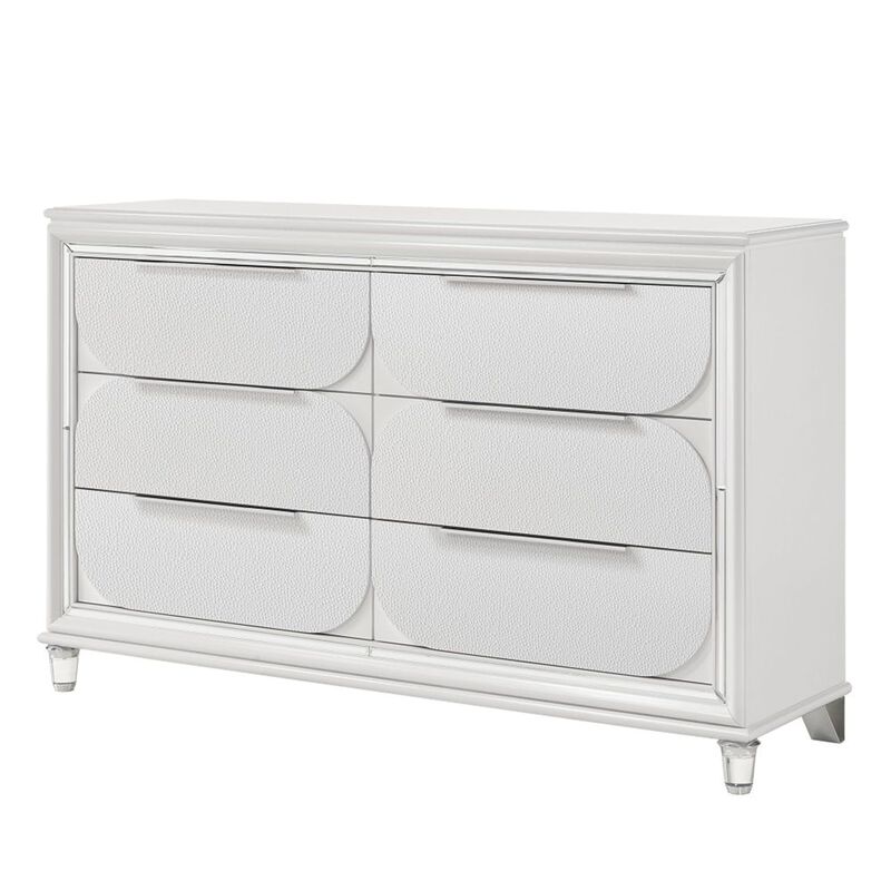 Benjara RARA 64 Inch Wide Dresser, 6 Drawers, Mirror Trim, Acrylic Legs, White and Silver