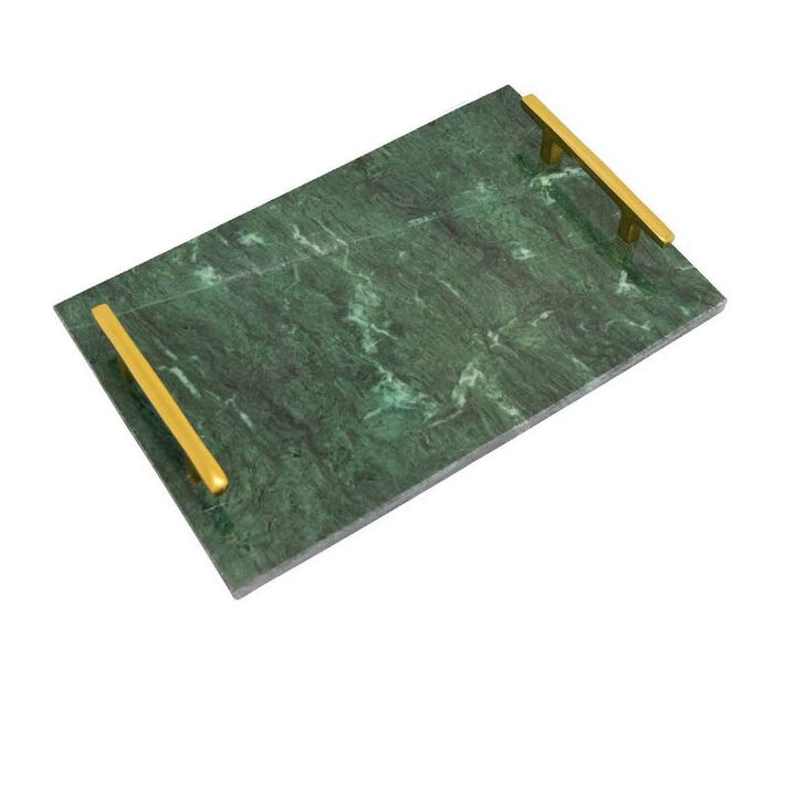 Entro Tray Set of 2, Rectangular Shape, 2 Gold Handles, Green Finish Marble - Benzara