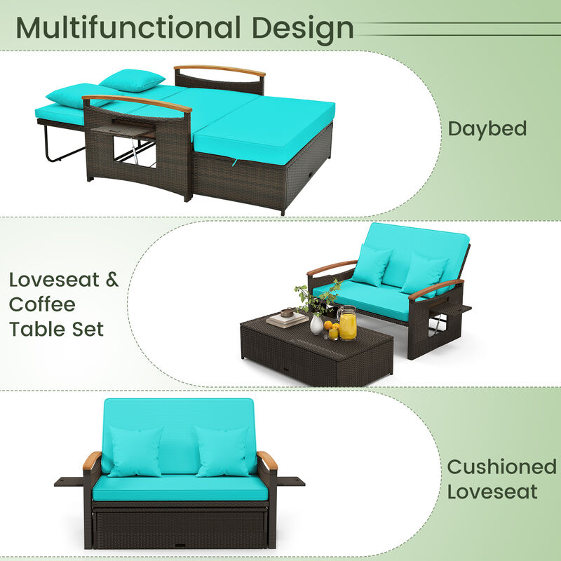 Outdoor Wicker Daybed with Folding Panels and Storage Ottoman
