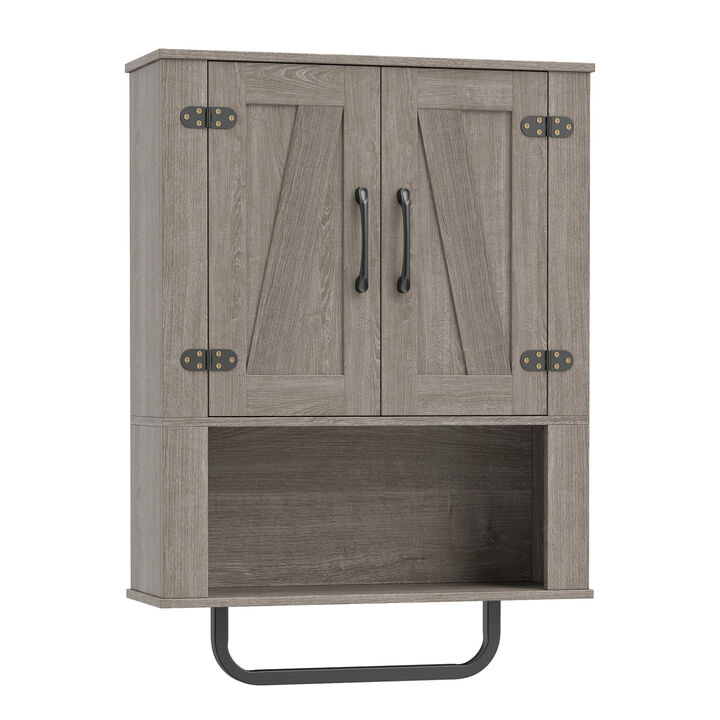 3-Tier Bathroom Wall Cabinet with 2 Barn Doors and Towel Bar