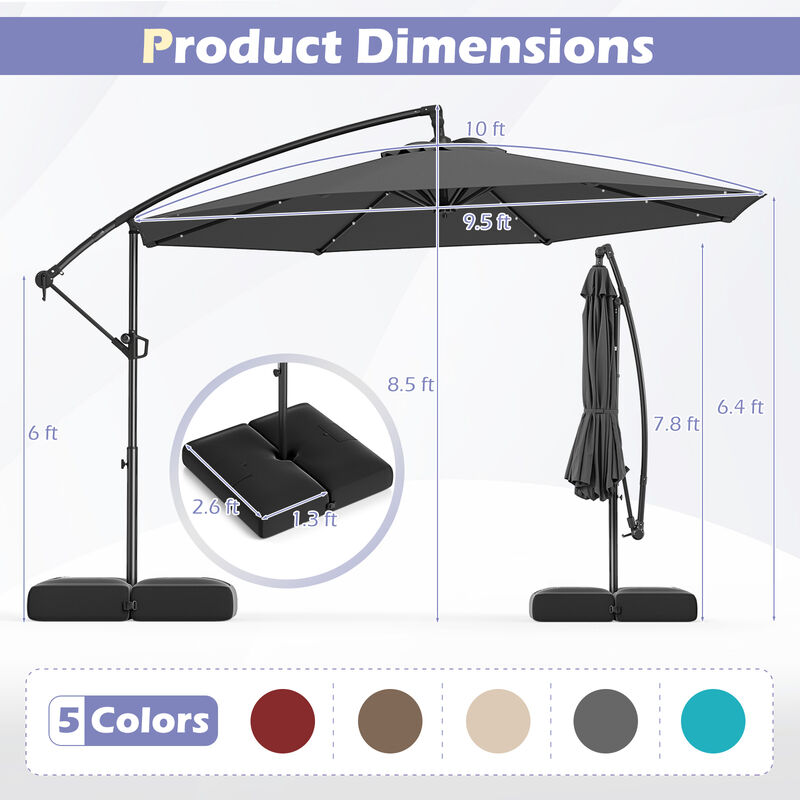 Solar Offset Umbrella with 32 LED Lights &ndash; Hanging Patio Shade with Base
