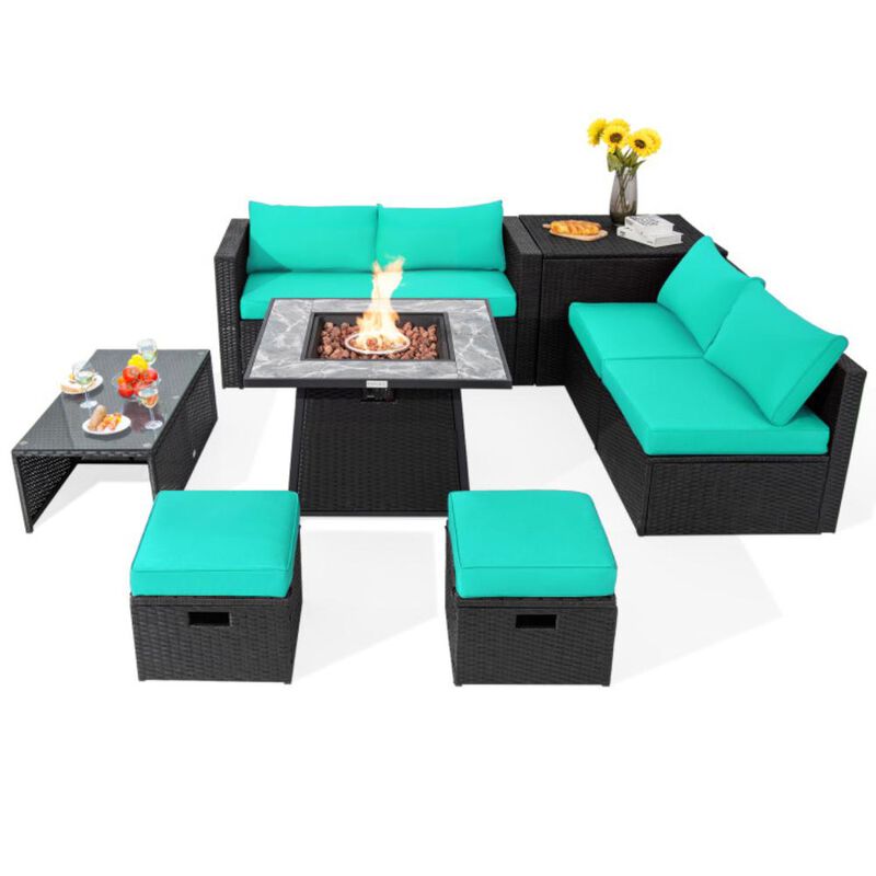 Hivvago 9 Pieces Outdoor Wicker Sectional with 35 Inch Gas Fire Pit Table