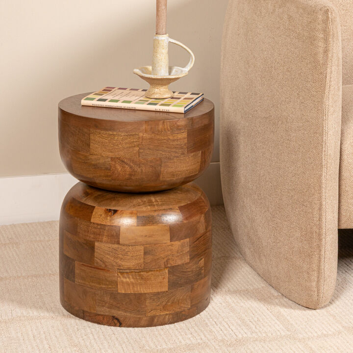 Round Mango Wood Stacked End Grain Accent Table, Walnut Finish