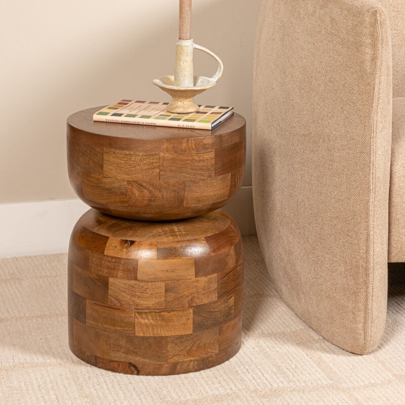 Round Mango Wood Stacked End Grain Accent Table, Walnut Finish image number 1