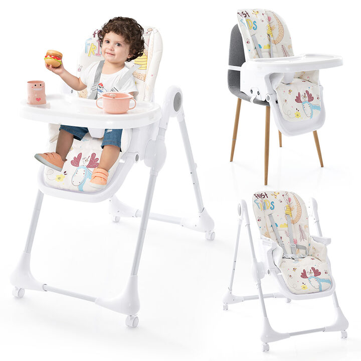 3-In-1 Convertible Highchair with Adjustable Height and 5-Point Safety Belt and Lockable Wheels