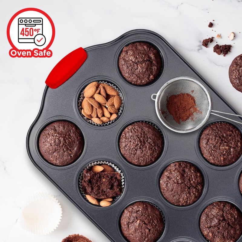 BAKKENMASTER Baking Set – 8 Piece Kitchen Oven Bakeware Set – Deluxe Non-Stick Black Coating Inside and Outside – Carbon Steel – Red Silicone Handles – PFOA PFOS and PTFE Free by Bakken