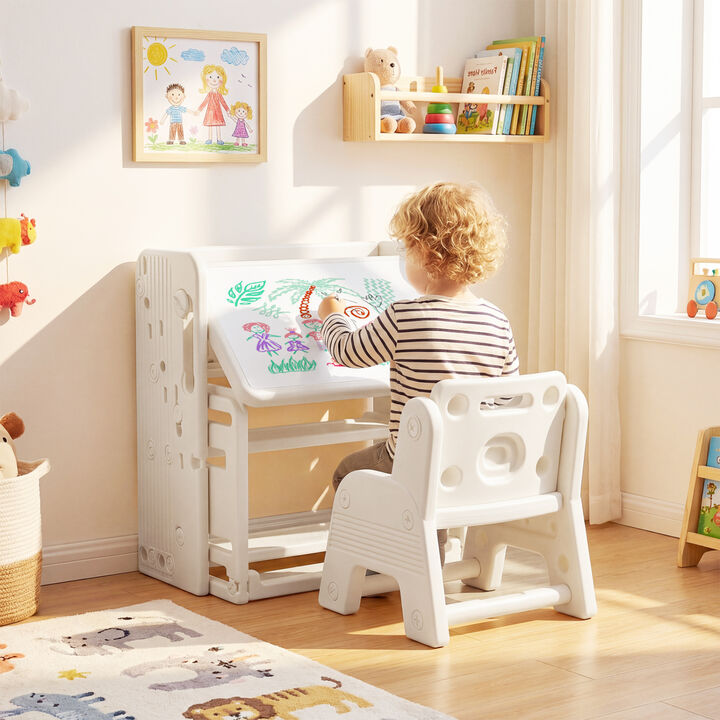 Children Writing Desk and Chair Set with Bookshelf Storage