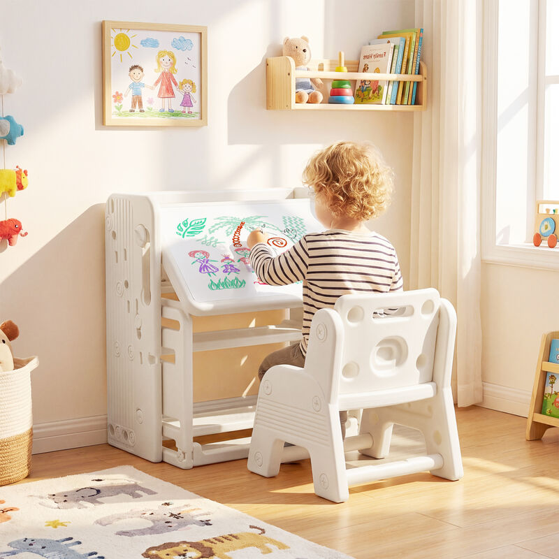 Children Writing Desk and Chair Set with Bookshelf Storage image number 1