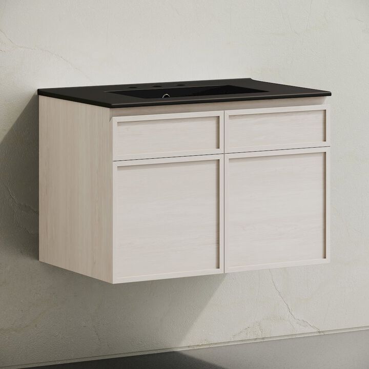 30" Wall-Mounted Bathroom Vanity in White Oak, Black 3-Hole Widespread Sink Top