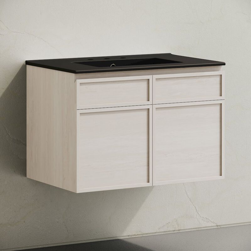 30" Wall-Mounted Bathroom Vanity in White Oak, Black 3-Hole Widespread Sink Top image number 1