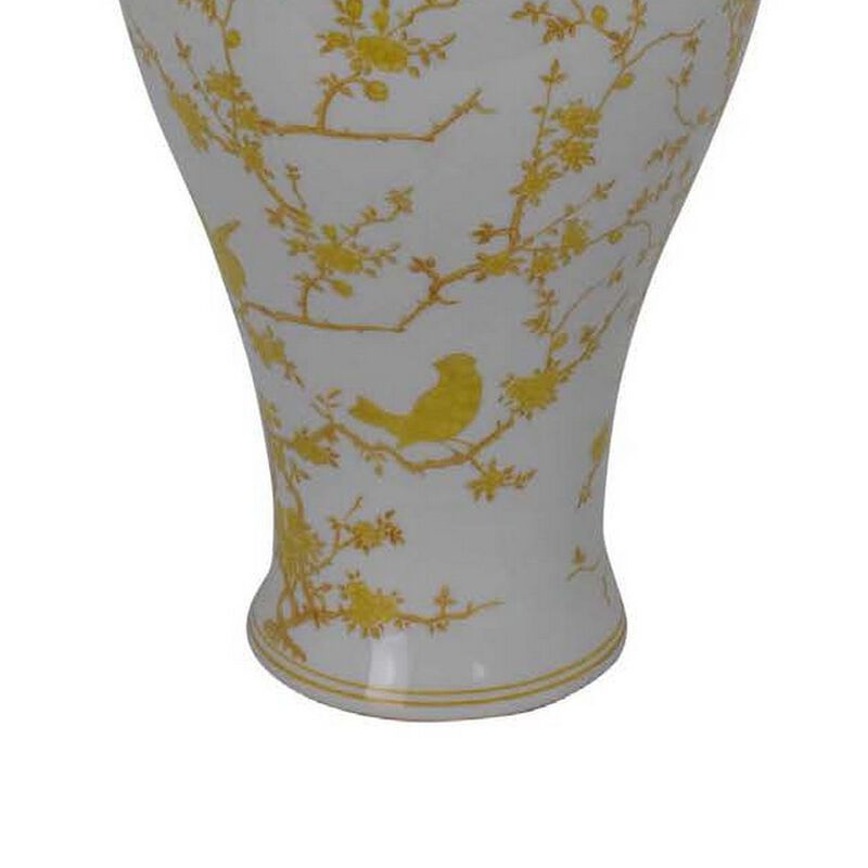 Chris Lidded Accent Jar, Yellow Bird and Floral, White Ceramic 20 Inch - Benzara